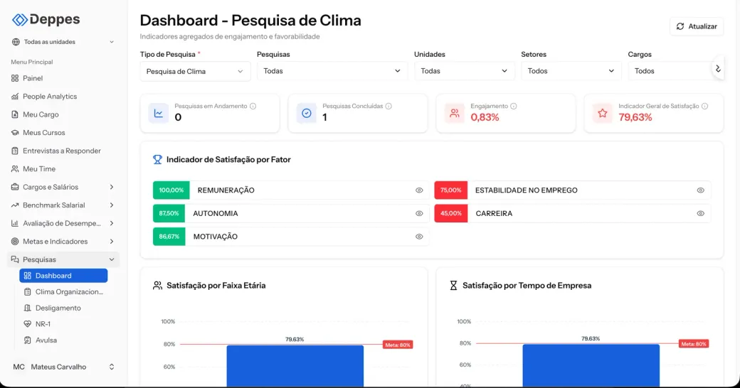 Dashboard de pesquisa de clima organizacional da Deppes com indicador geral de satisfação, favorabilidade por fator e recortes por faixa etária e tempo de empresa