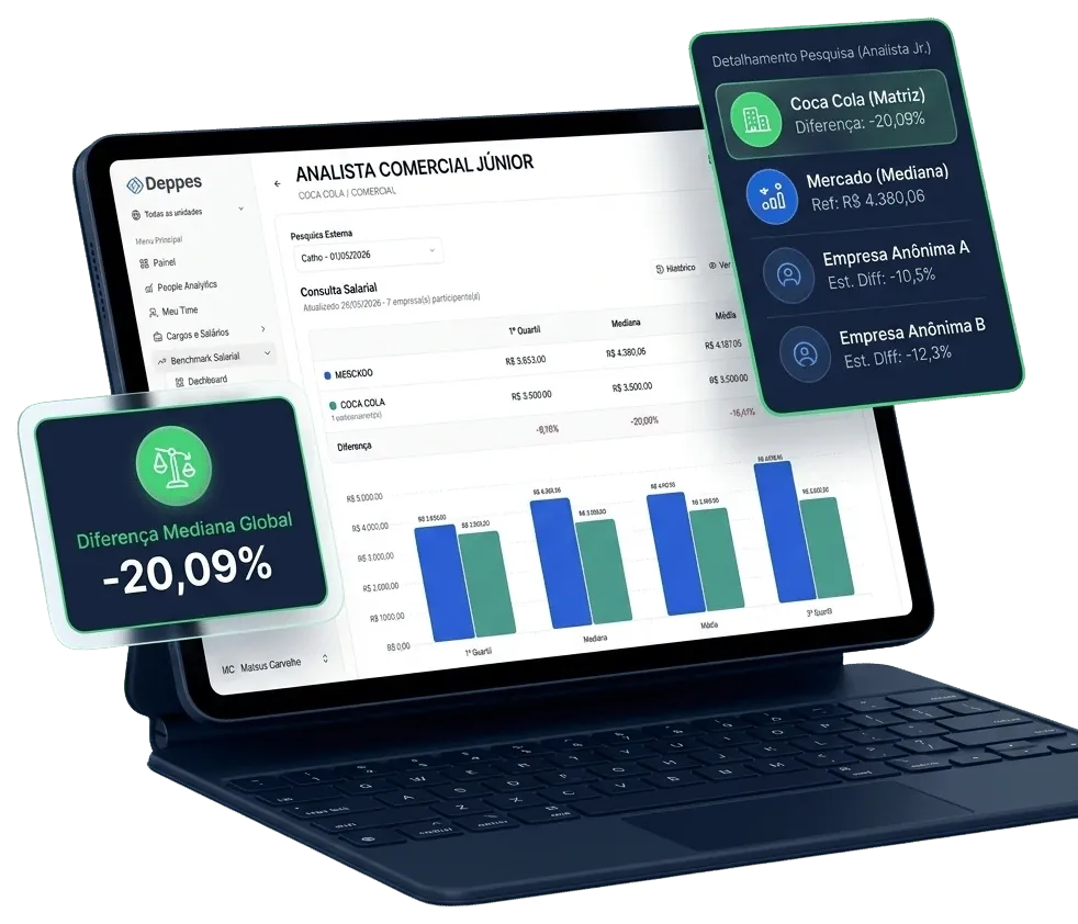 Tablet com a Consulta Salarial da Deppes: quartis de mercado do cargo Analista Comercial Júnior e cards de diferença mediana e detalhamento da pesquisa