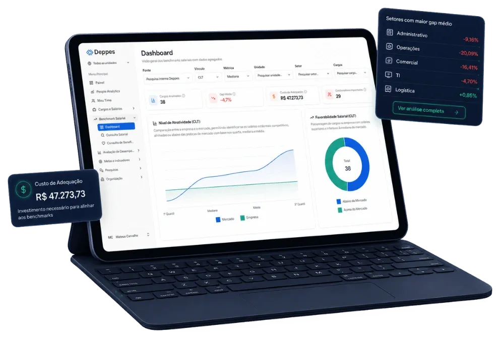 Dashboard de Benchmark Salarial da Deppes num tablet, com cargos analisados, gap médio, custo de adequação de R$ 47.273,73, colaboradores impactados e setores com maior gap
