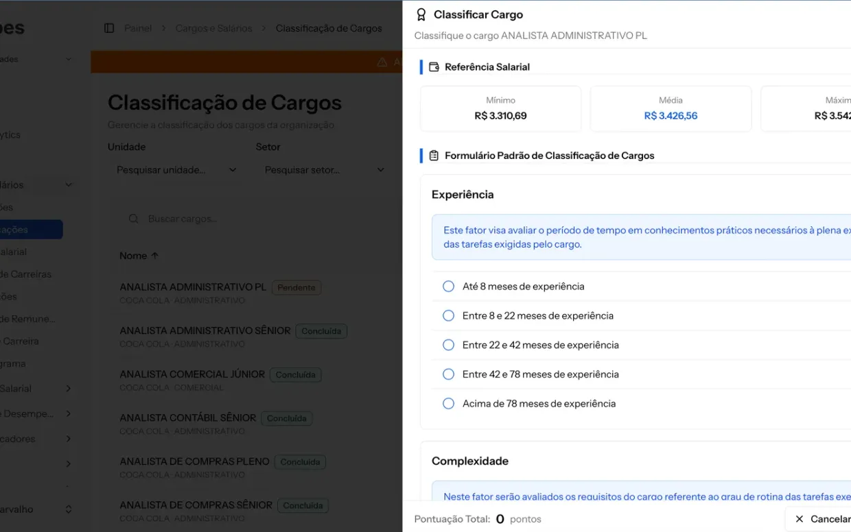 Tela de Classificação de Cargos da Deppes com o formulário de fatores pontuados (experiência, complexidade) e a referência salarial do cargo