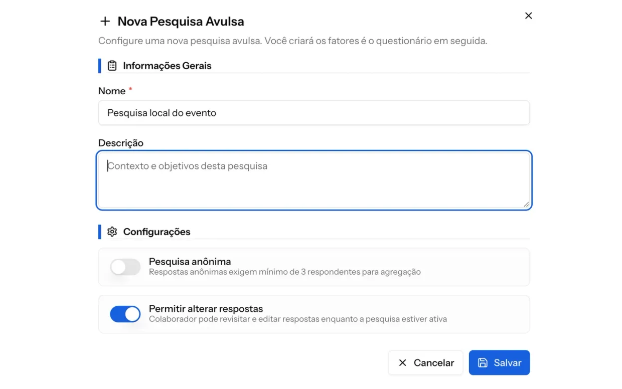 Tela de nova pesquisa avulsa da Deppes com nome, descrição e as opções de pesquisa anônima e de alterar respostas