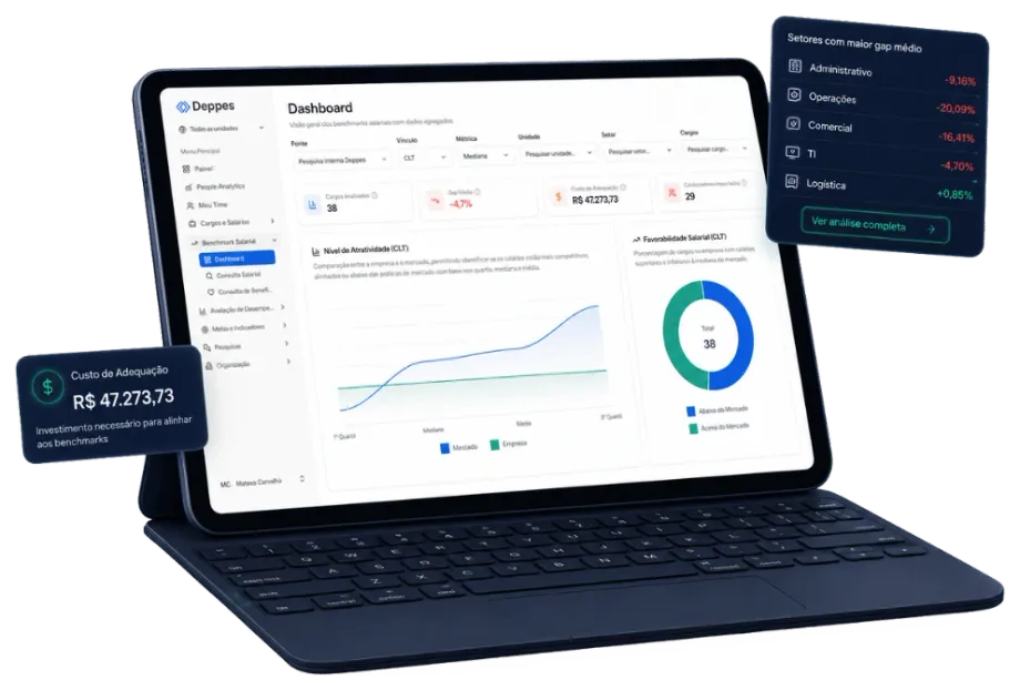Dashboard de Benchmark Salarial da Deppes com atratividade, favorabilidade e custo de adequação frente ao mercado